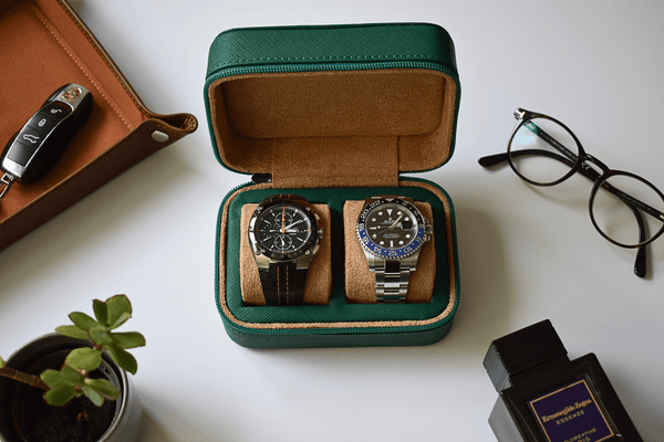 Green on cognac zip box - 2 watches