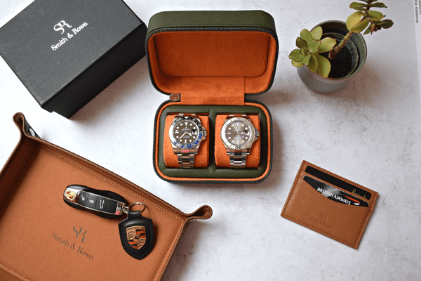 Olive green and orange zip box - 2 watches