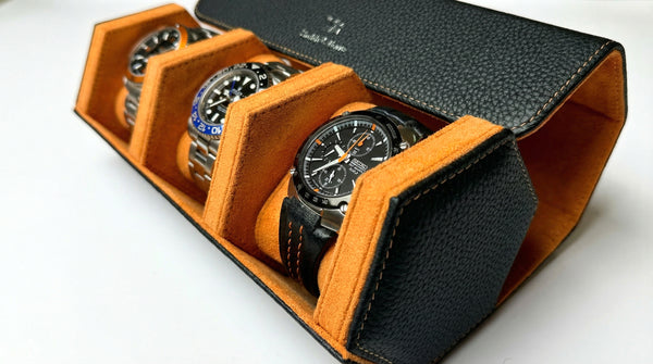 Black Hexagonal Watch Roll With Sliding Pillows - 3 Watches