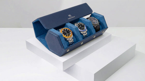 Blue Hexagonal Watch Roll With Sliding Pillows - 3 Watches