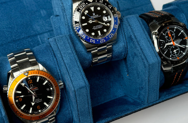 Blue Hexagonal Watch Roll With Sliding Pillows - 3 Watches