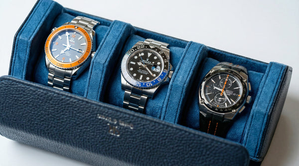 Blue Hexagonal Watch Roll With Sliding Pillows - 3 Watches