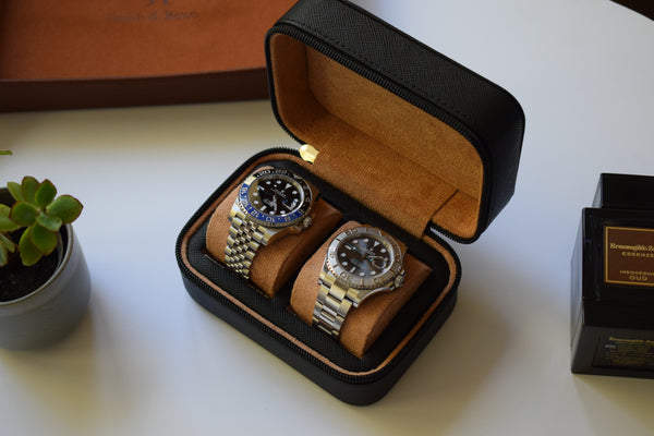 Onyx Black on cognac zip box - 2 watches