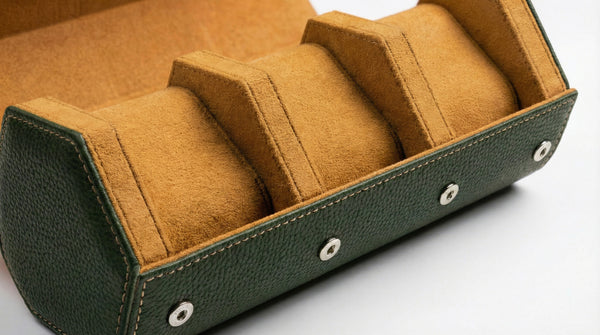 Green And Tan Hexagonal Watch Roll With Sliding Pillows - 3 Watches