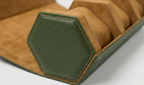 Green And Tan Hexagonal Watch Roll With Sliding Pillows - 3 Watches