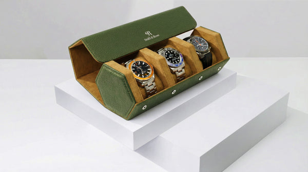 Green And Tan Hexagonal Watch Roll With Sliding Pillows - 3 Watches