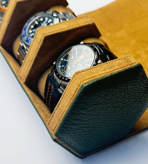 Green And Tan Hexagonal Watch Roll With Sliding Pillows - 3 Watches