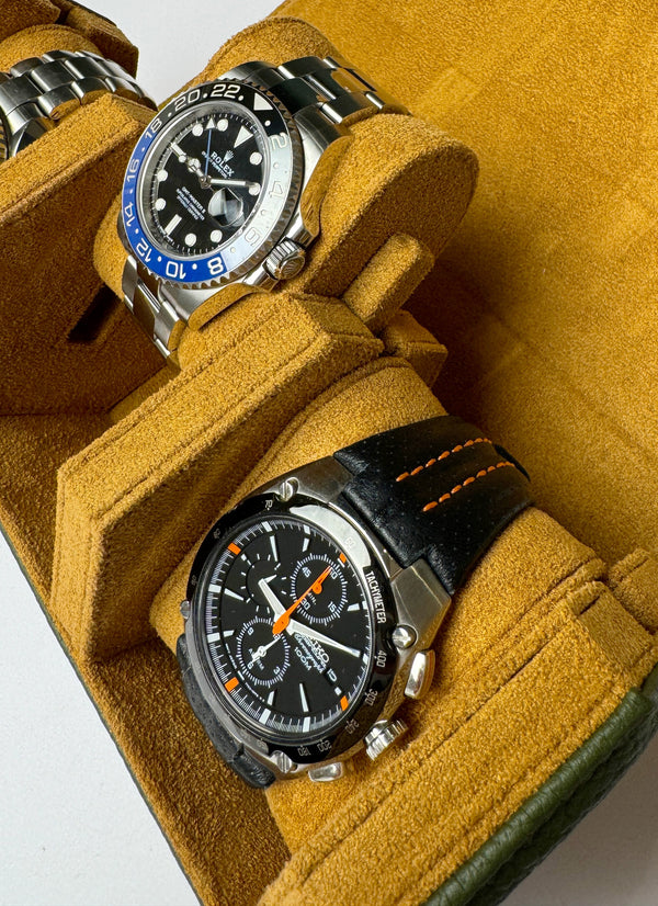 Green And Tan Hexagonal Watch Roll With Sliding Pillows - 3 Watches