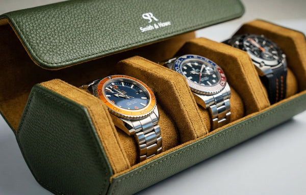 Green And Tan Hexagonal Watch Roll With Sliding Pillows - 3 Watches