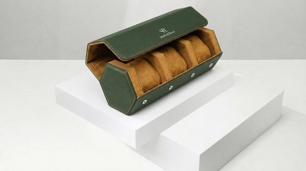 Green And Tan Hexagonal Watch Roll With Sliding Pillows - 3 Watches