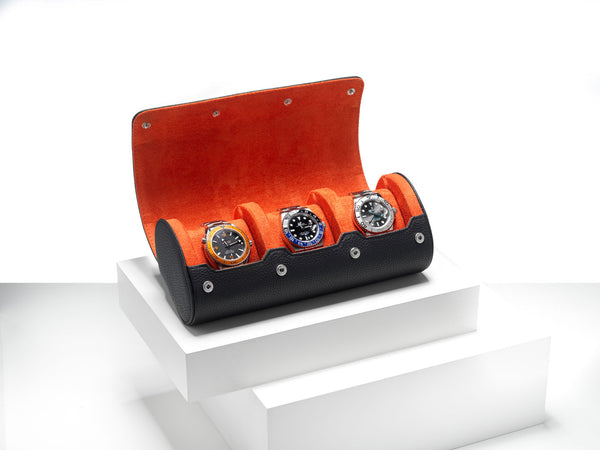 Black on Orange watch roll with sliding pillows - 3 watches