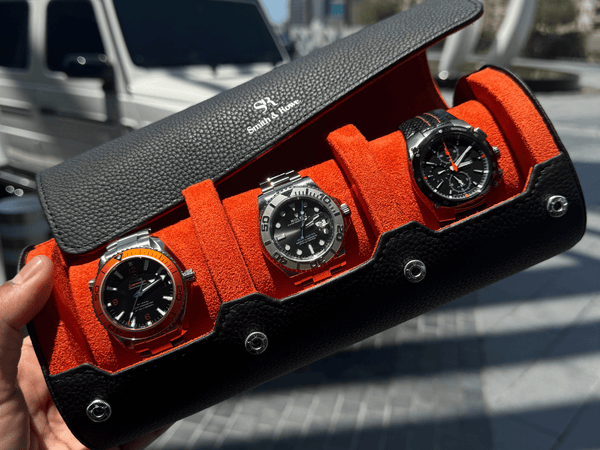 Black on Orange watch roll with sliding pillows - 3 watches