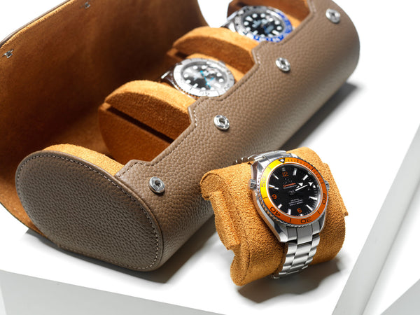 Brown on caramel watch roll with sliding pillows - 3 watches