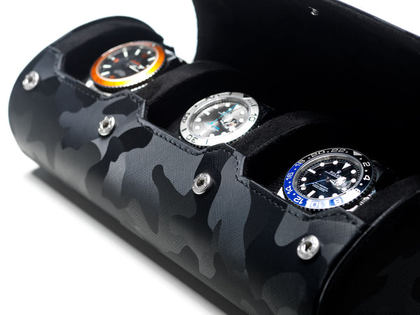 Camo Black on black watch roll with sliding pillows - 3 watches