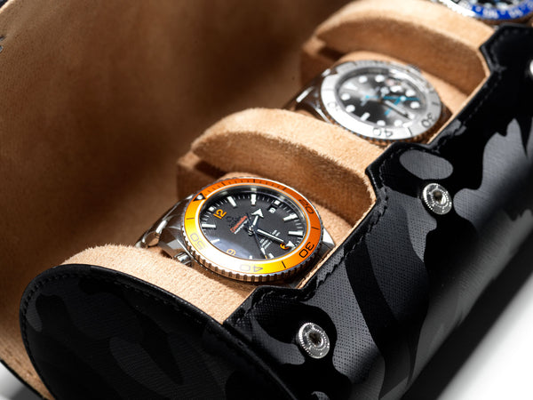 Camo Black on Caramel watch roll with sliding pillows - 3 watches