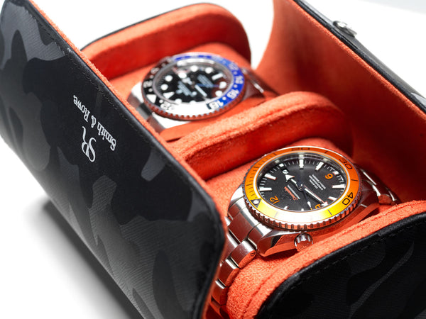 Camo Black on orange watch roll - 2 watches