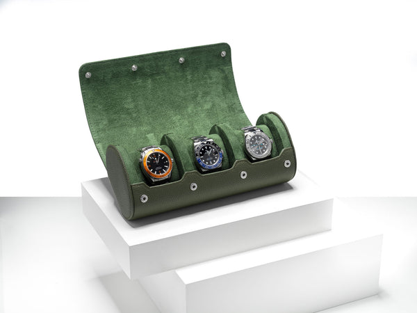 Green on green watch roll with sliding pillows - 3 watches
