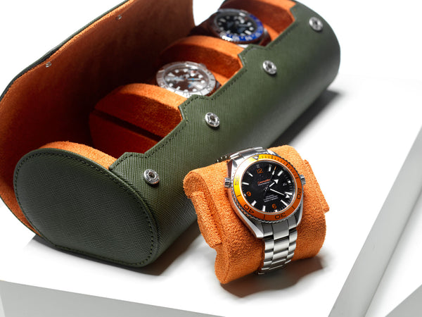Olive on Orange watch roll with sliding pillows - 3 watches