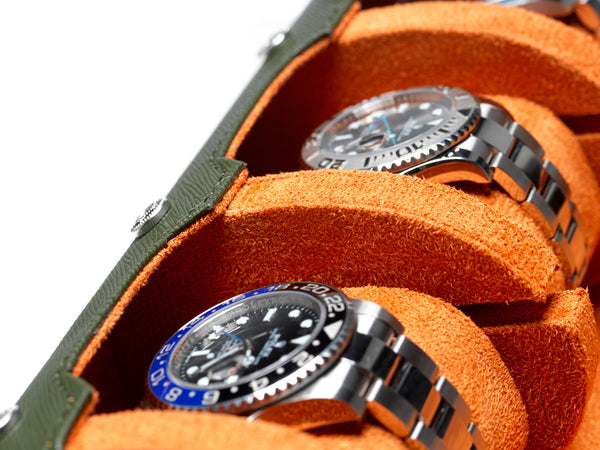 Olive on Orange watch roll with sliding pillows - 3 watches